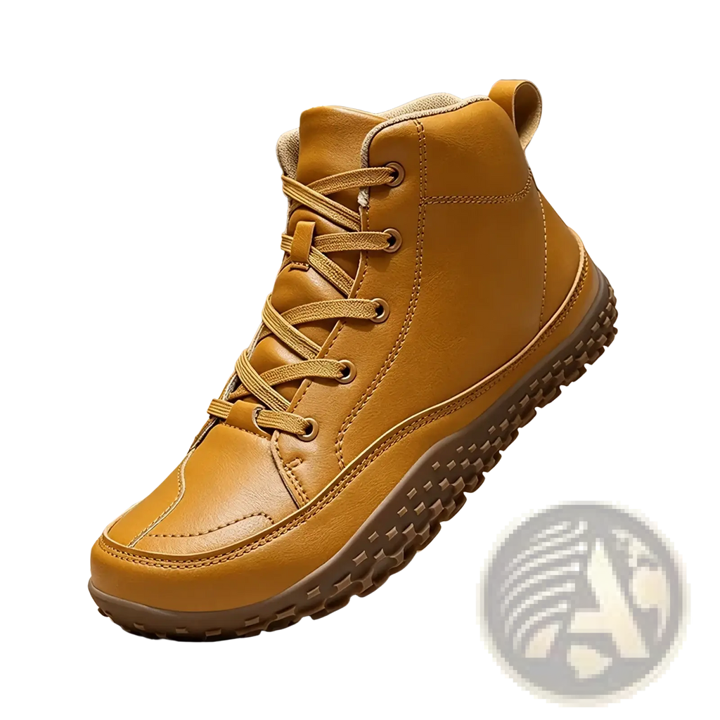 Tan mid-top leather men barefoot hiking boot with wide toe and rugged textured sole for zero drop hiking