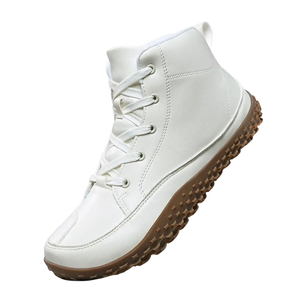 Men barefoot hiking boots leather zero drop white leather high-top sneaker with brown textured rubber sole
