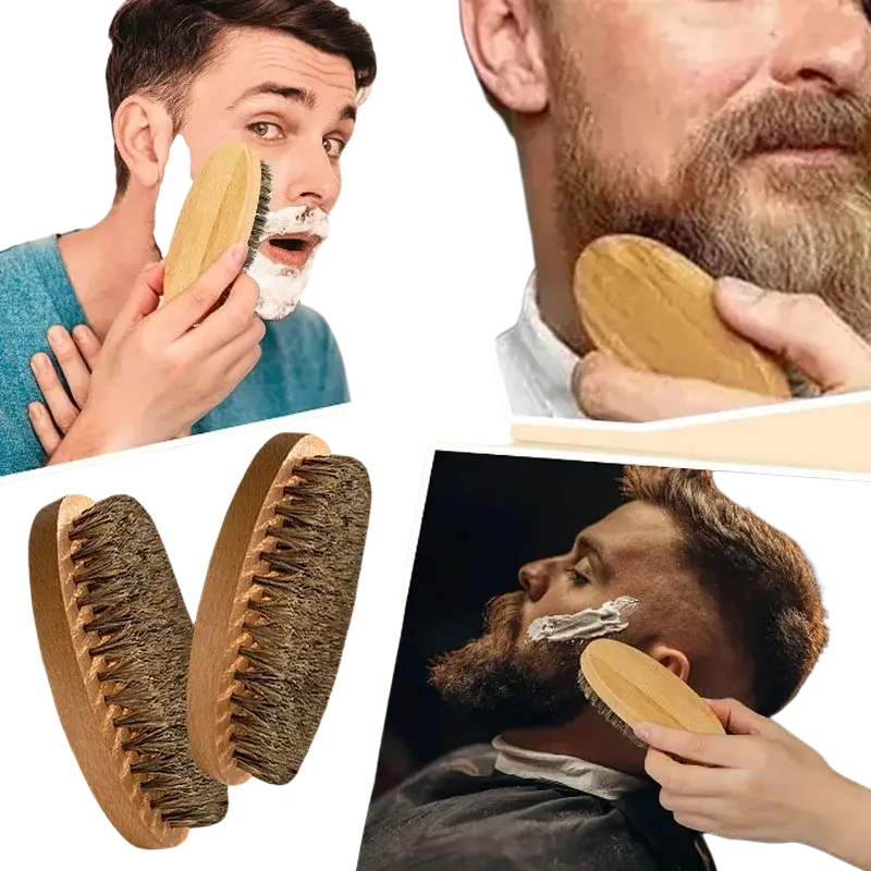 Natural wood-handled beard brush with dense dark brown bristles included in men beard grooming tools with convenient storage bag