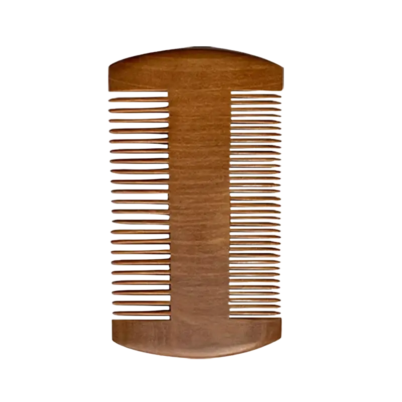 A sleek medium-brown wooden comb with evenly spaced teeth included in a men beard grooming set with convenient storage bag