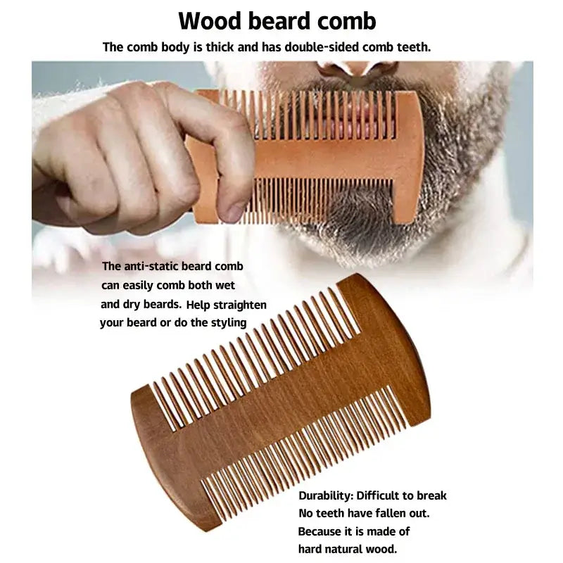 A sturdy medium-brown wooden beard comb with double-sided teeth for grooming tools in a convenient storage bag