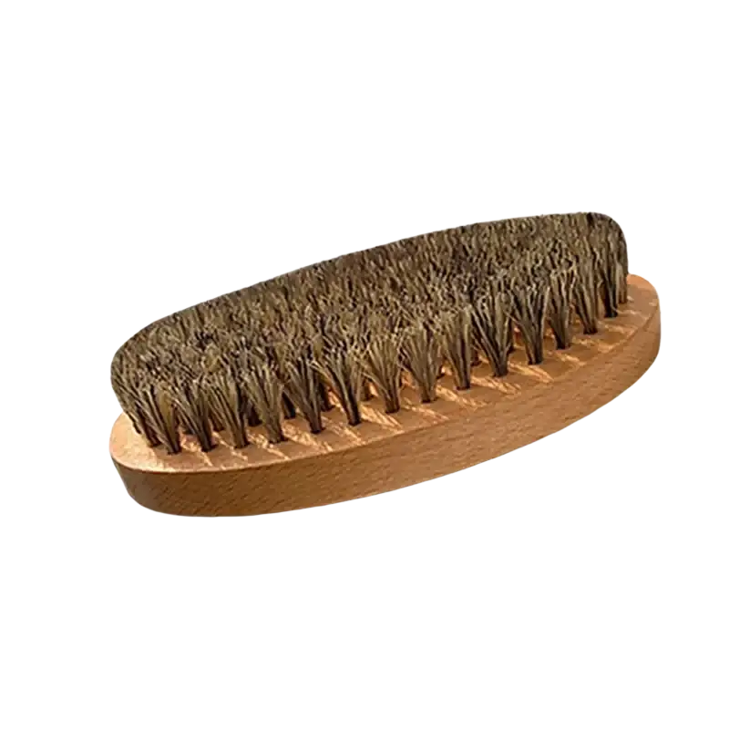 A sturdy oval-shaped wooden beard brush with dense brown bristles included in men grooming tools with convenient storage bag