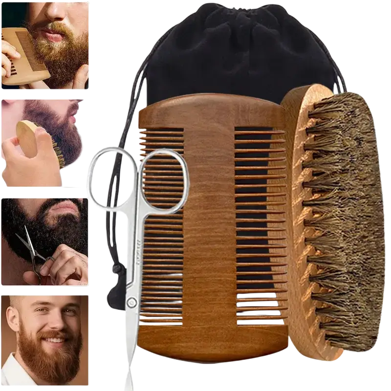 Men beard grooming set with wooden tools and stainless steel scissors in a black convenient storage bag