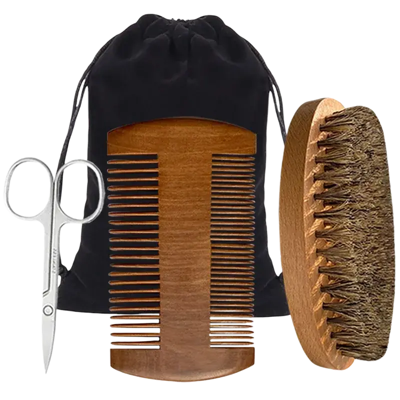 Men beard grooming set with wooden comb, integrated brush, stainless steel scissors in black convenient storage bag