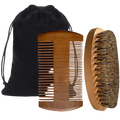 Men beard grooming set featuring wooden comb and brush with convenient black velvet storage bag for grooming tools