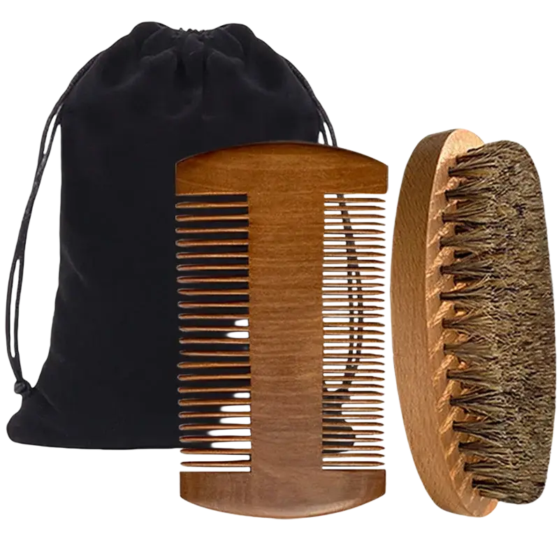Men beard grooming set featuring wooden comb and brush with convenient black velvet storage bag for grooming tools