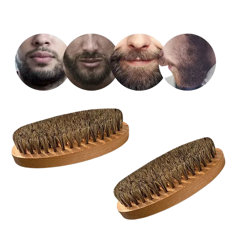 Men beard grooming set wooden-handled beard brush with dense dark brown bristles and convenient storage bag