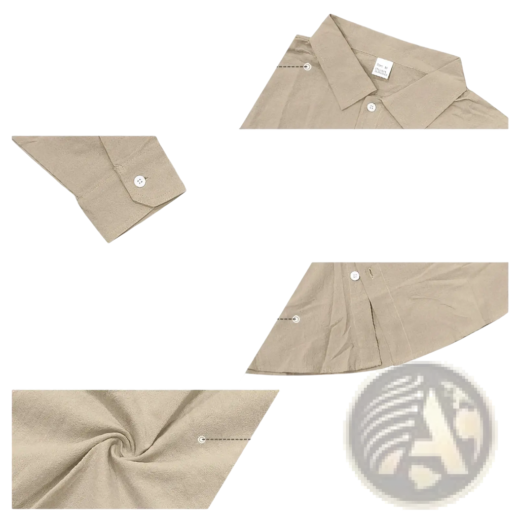 Men beige linen long sleeve casual shirt with classic collar white buttons and neatly stitched cuffs