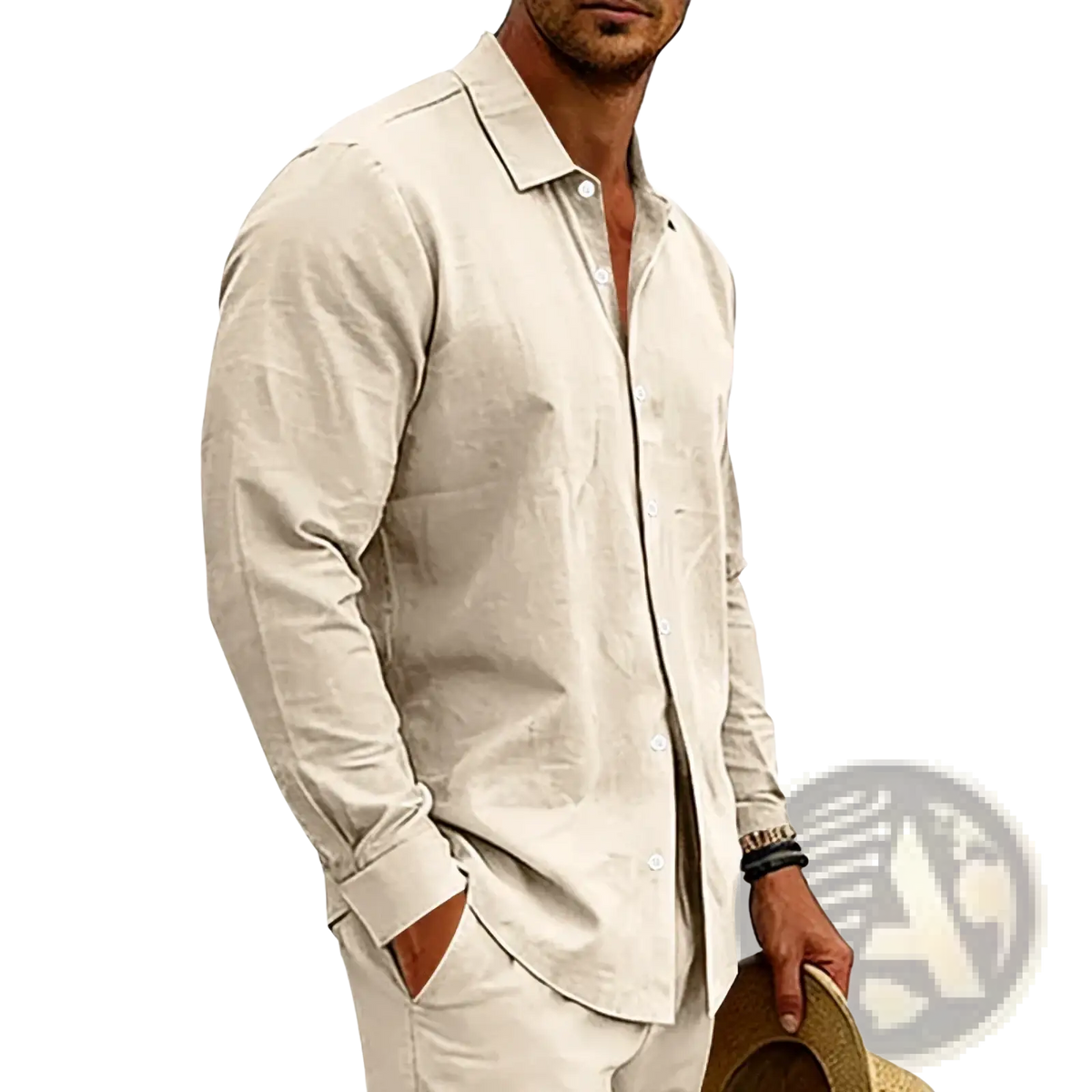 Men beige linen long sleeve casual shirt with classic collar and subtle textured fabric in a button-down style