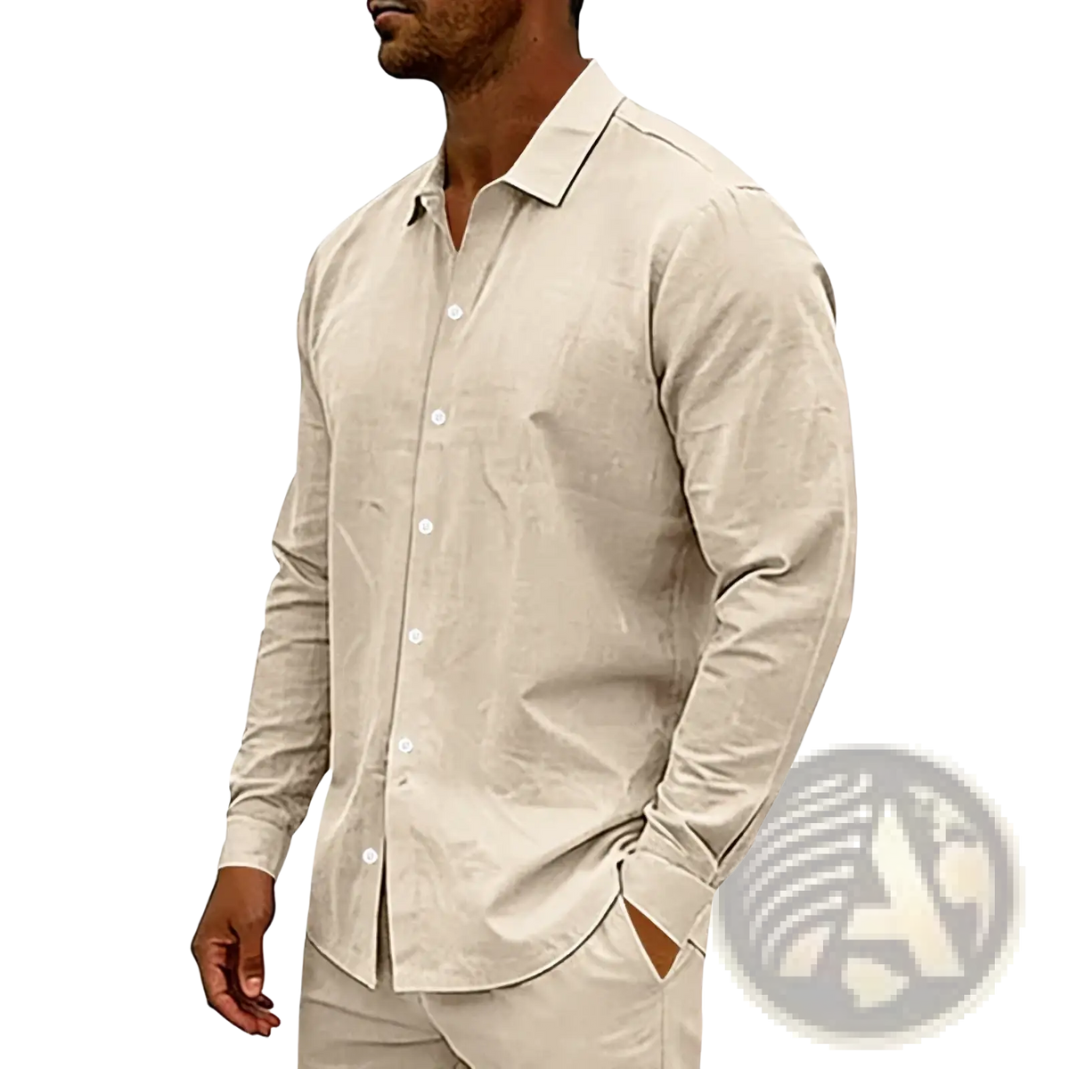 Men beige linen long sleeve casual shirt with classic collar and subtle texture in a button-up design