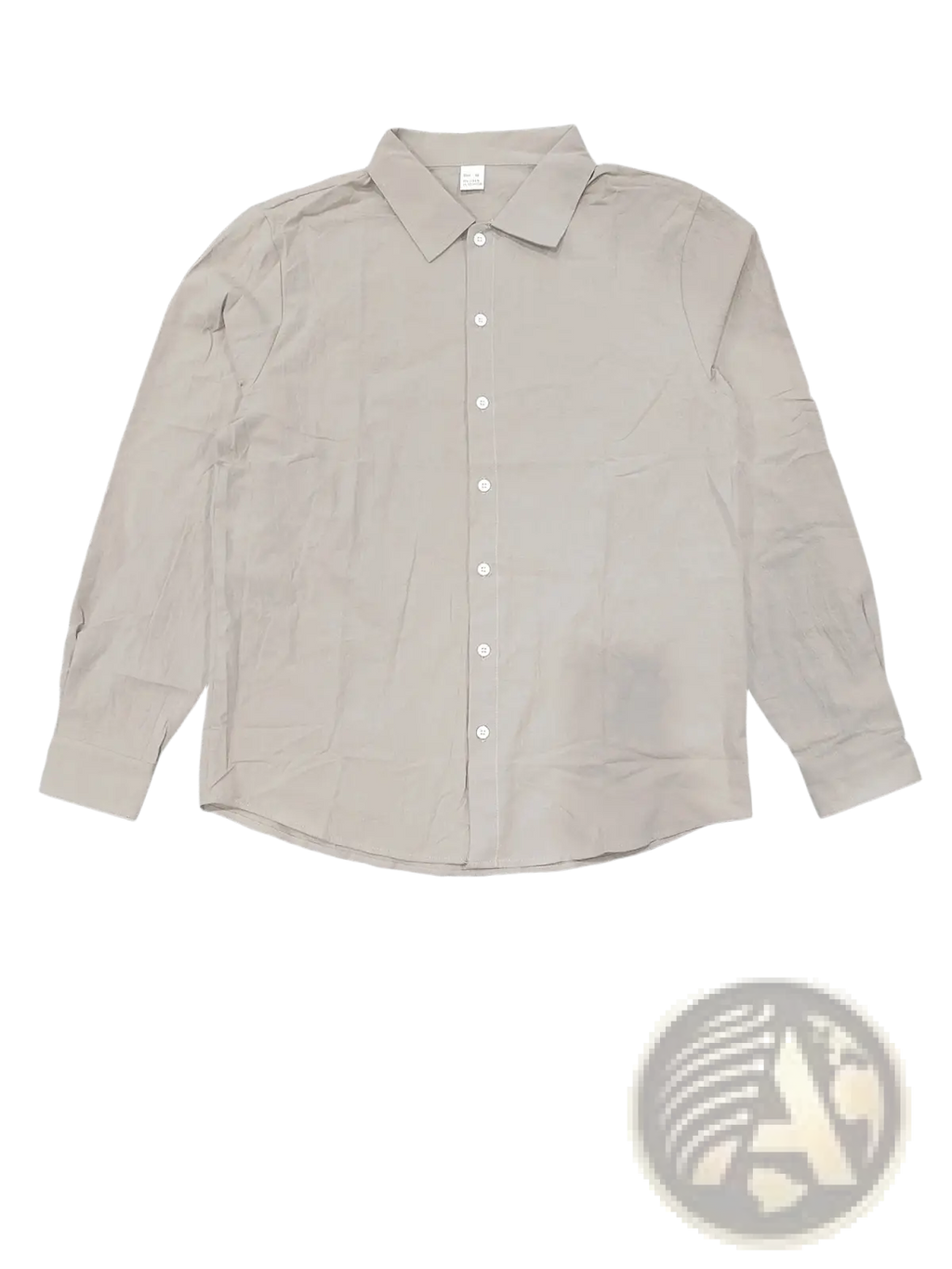 Men beige linen long sleeve casual shirt with classic collar and white buttons front view