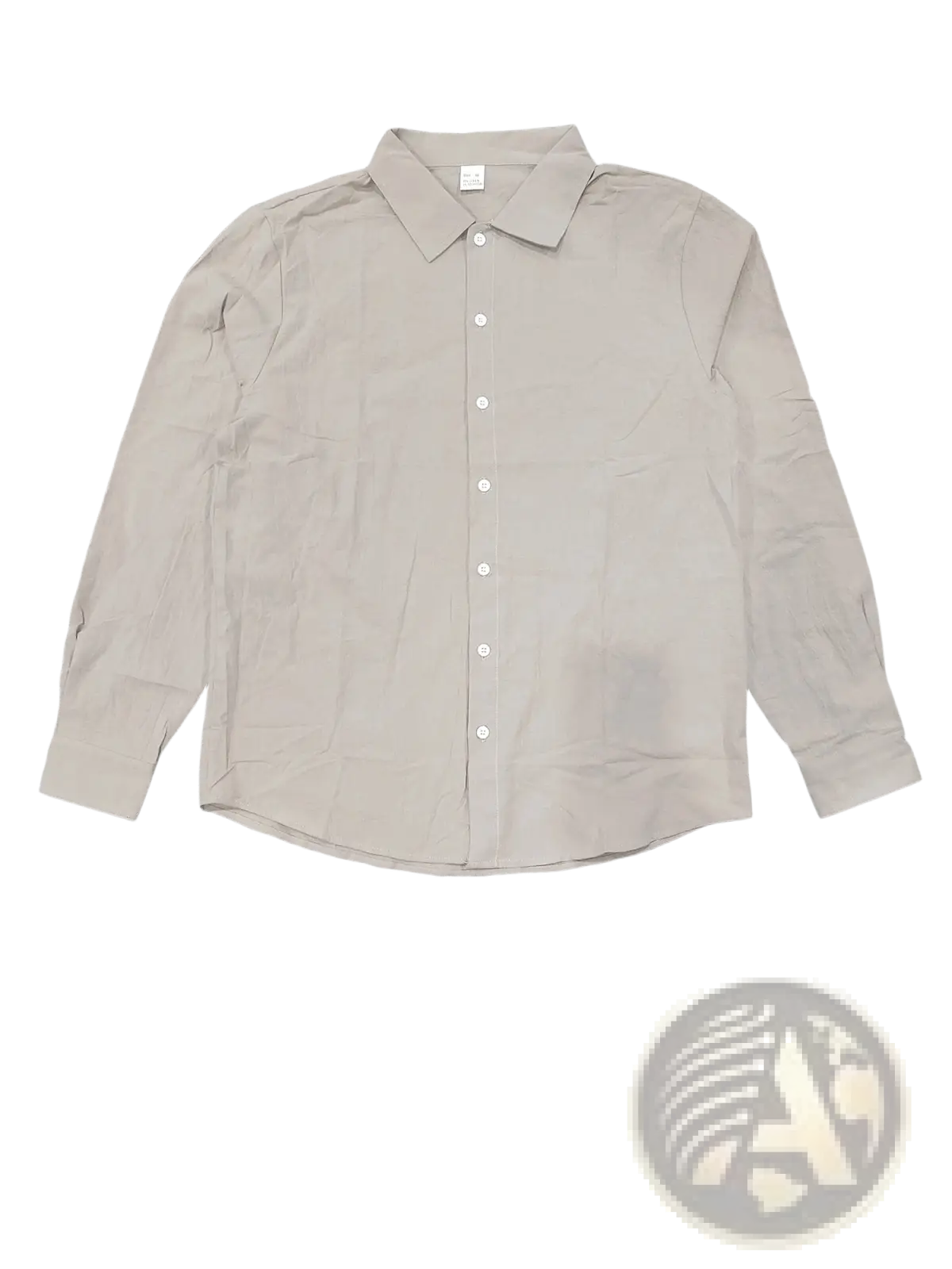 Men beige linen long sleeve casual shirt with classic collar and white buttons front view