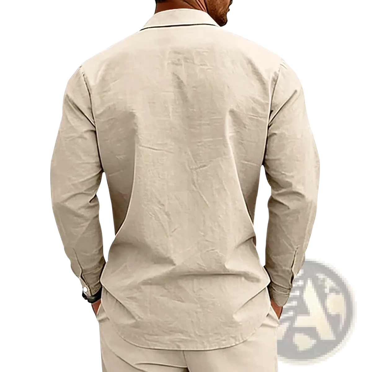 Men beige linen long sleeve casual shirt with subtle textured fabric and contrasting dark trim along the collar