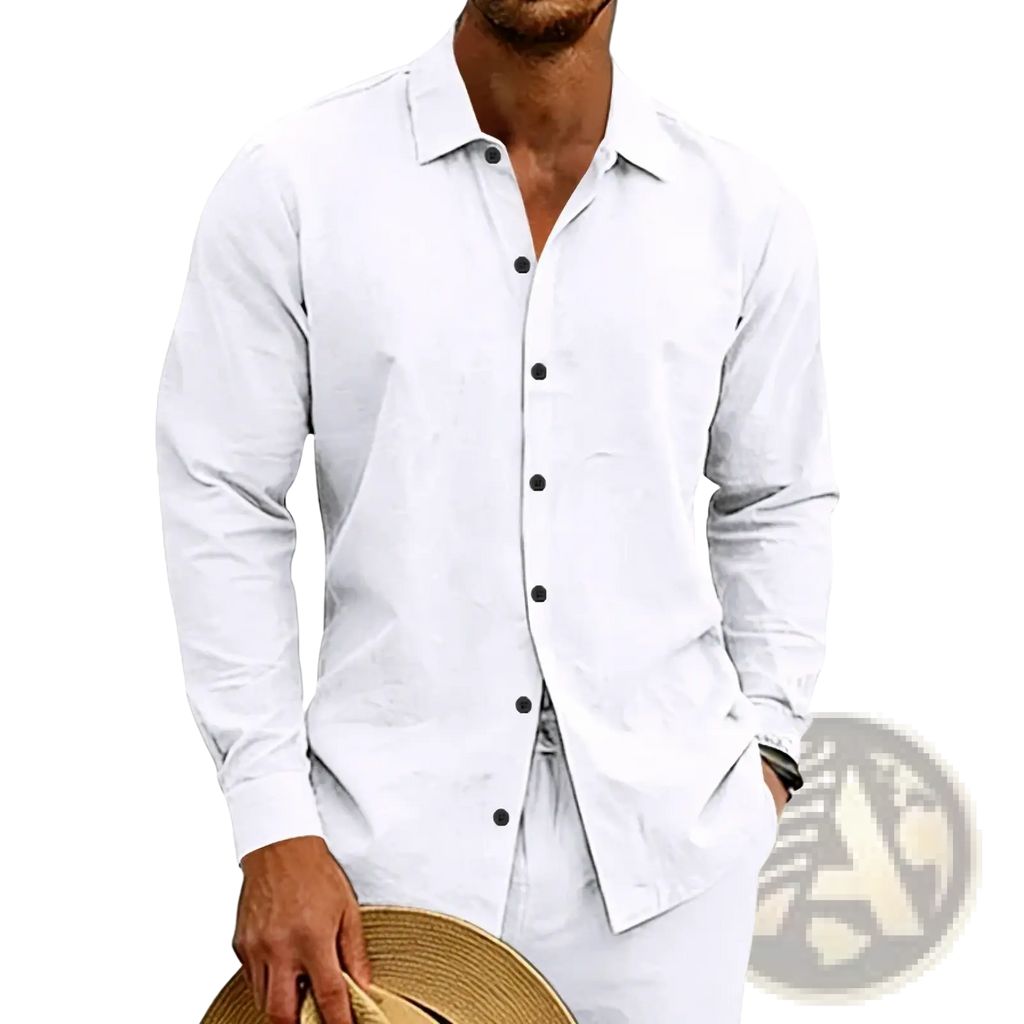 White long-sleeved button-down shirt with black buttons and classic collar for men beige linen casual wear