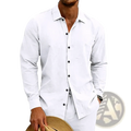 White long-sleeved button-down shirt with black buttons and classic collar for men beige linen casual wear
