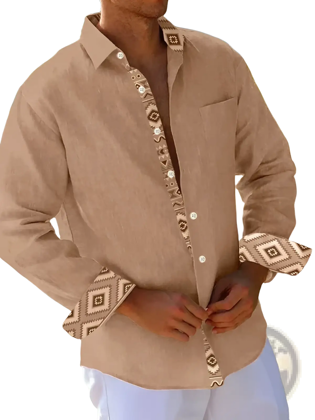 Men beige linen button-down shirt with geometric patterned trim on collar, placket, and cuffs for stylish wear