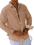 Men beige linen button-down shirt with geometric patterned trim on collar, placket, and cuffs for stylish wear