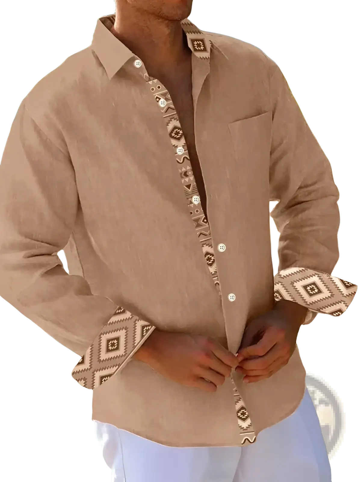 Men beige linen button-down shirt with geometric patterned trim on collar, placket, and cuffs for stylish wear