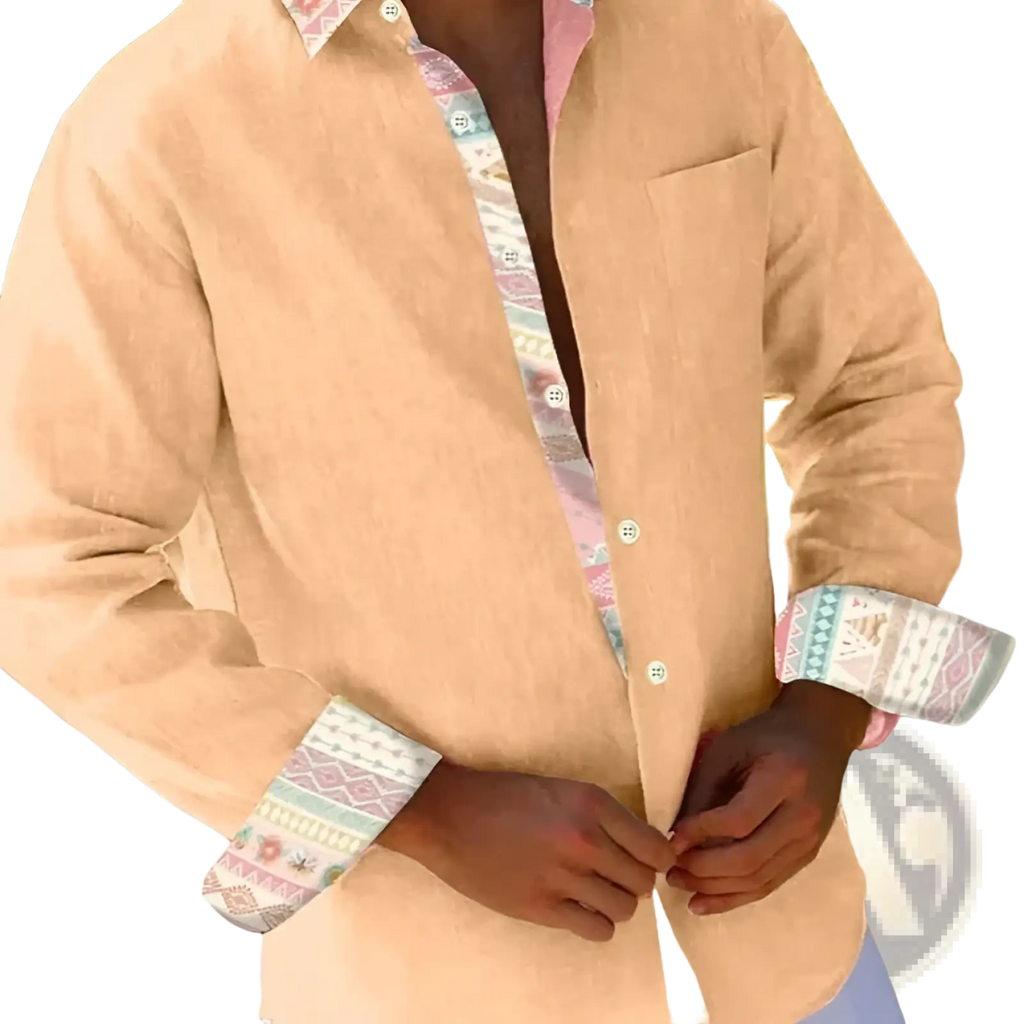 Men beige linen button-down shirt with geometric patterned trim on collar cuffs and placket