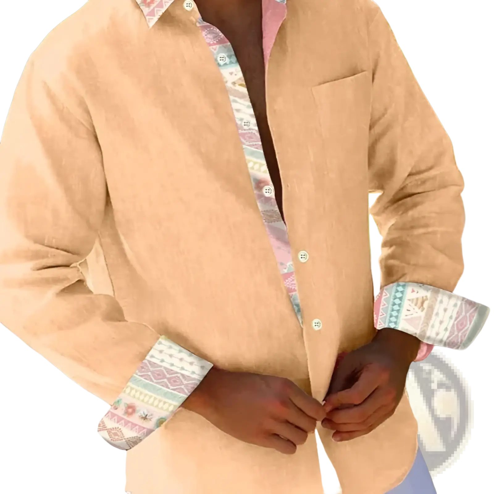 Men beige linen button-down shirt with geometric patterned trim on collar cuffs and placket