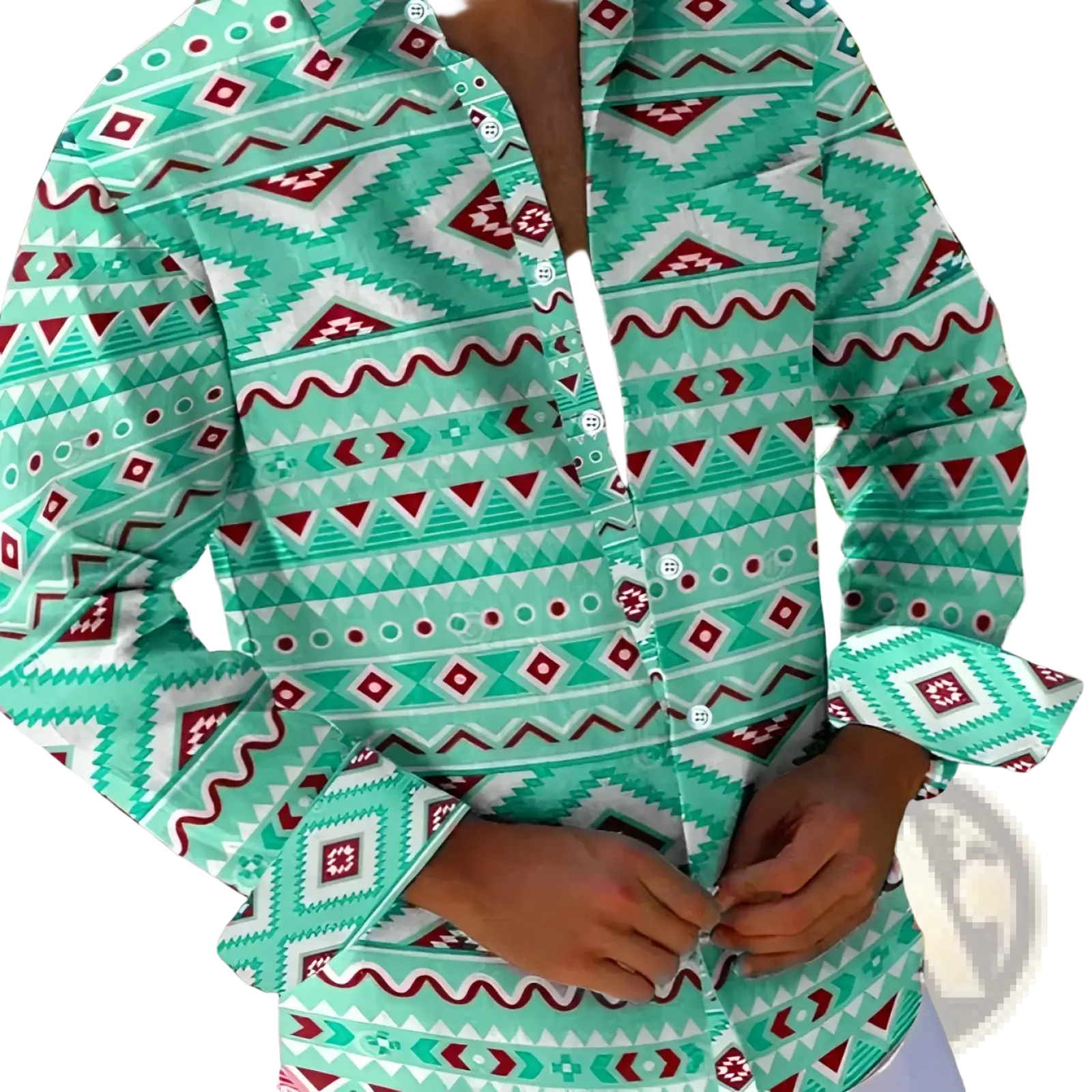 Men beige linen long-sleeved shirt with vibrant teal red and white geometric trim button-up front design