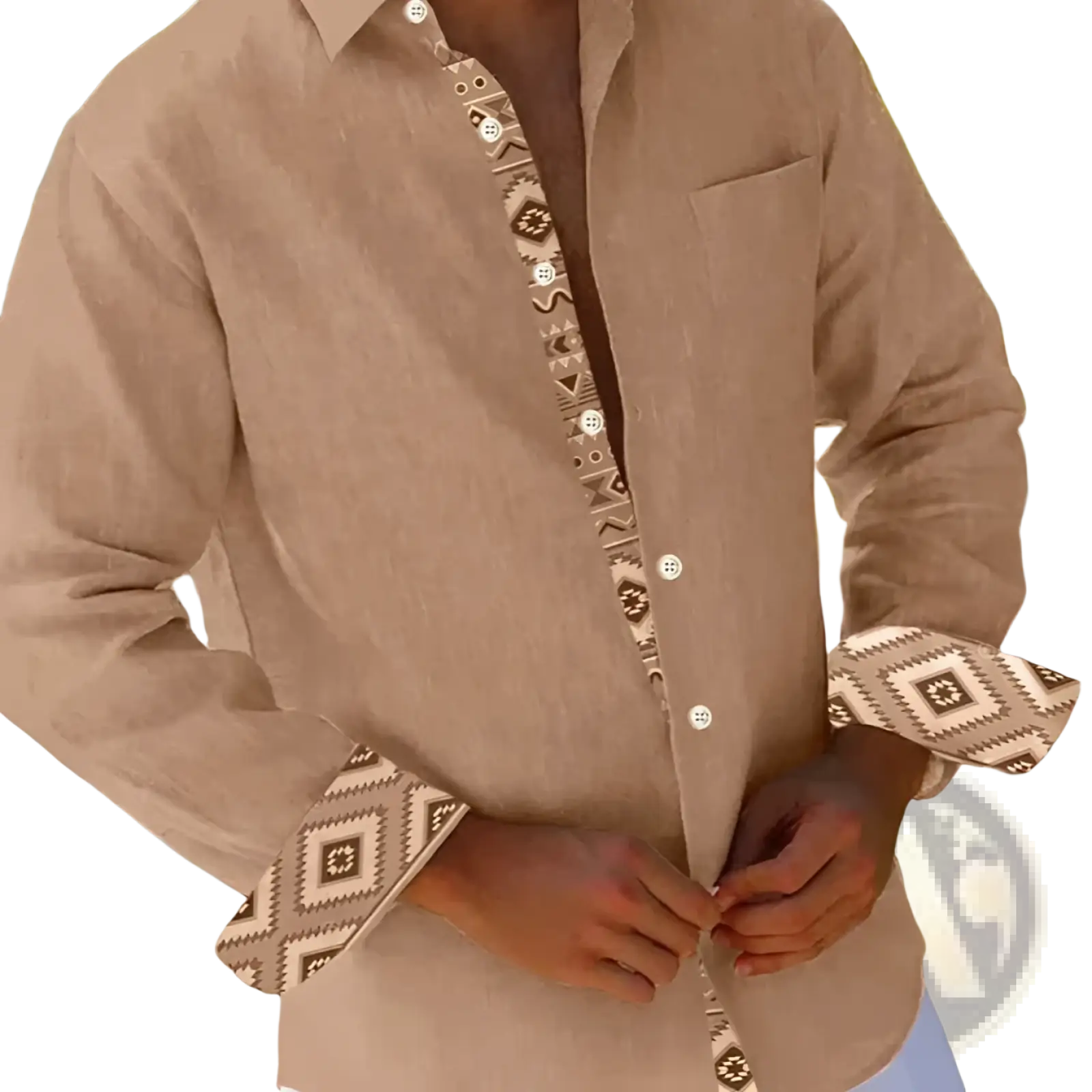 Men beige linen shirt featuring geometric patterned trim along the placket and cuffs for a stylish look
