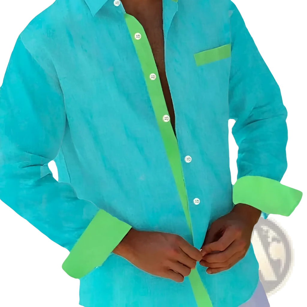 Men beige linen shirt with vibrant turquoise button-down front and neon green geometric trim on placket cuffs pocket
