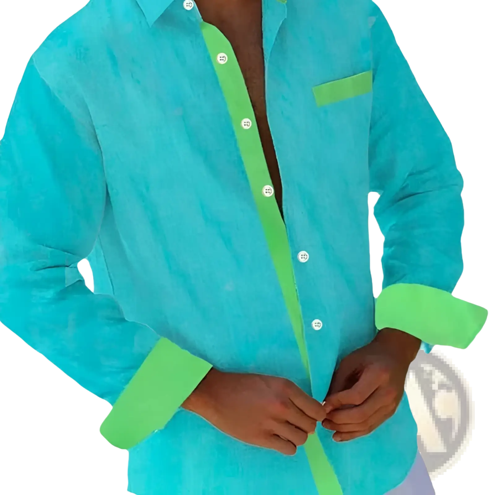 Men beige linen shirt with vibrant turquoise button-down front and neon green geometric trim on placket cuffs pocket