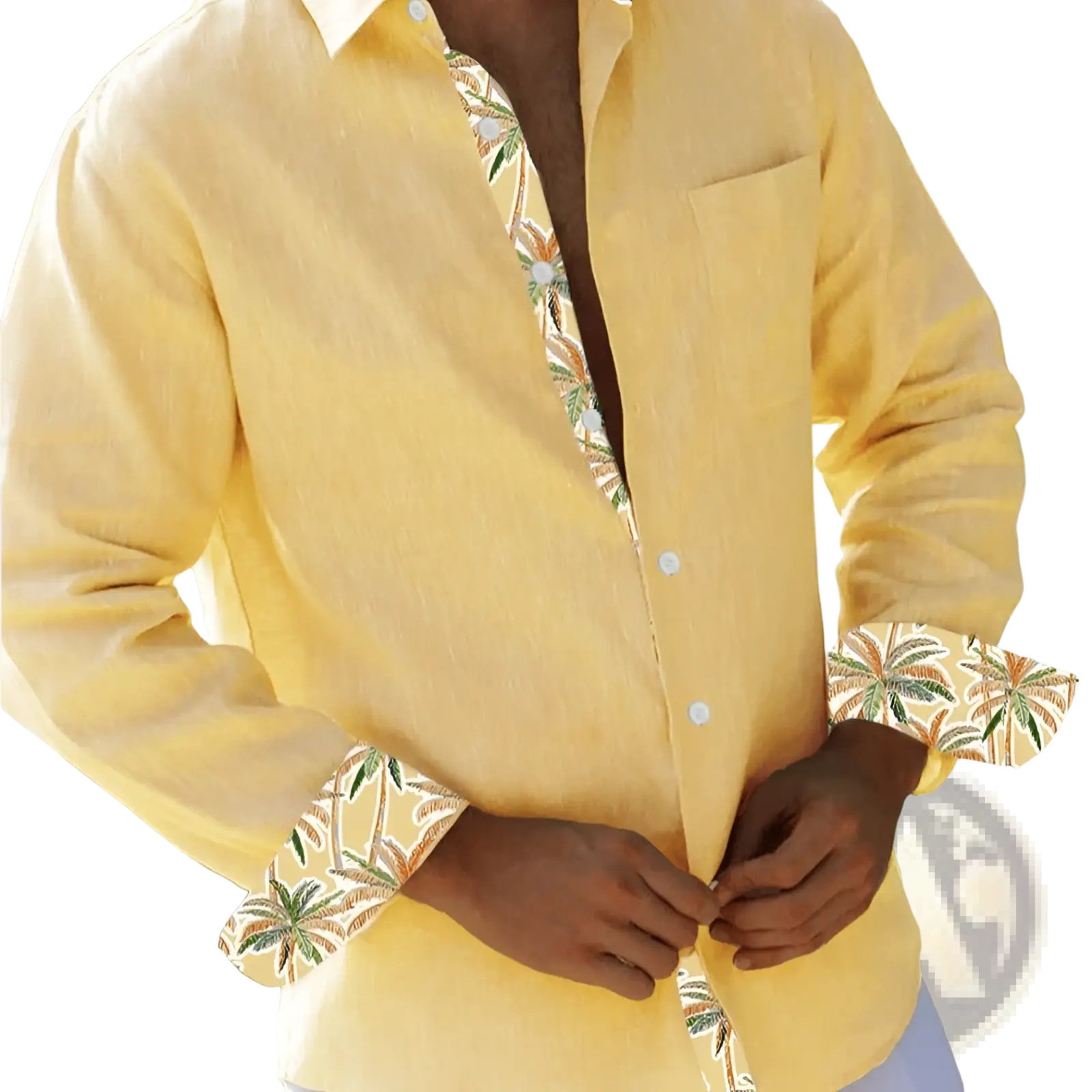 Men beige linen shirt geometric trim with vibrant yellow tropical palm tree pattern on inner collar and cuffs and white buttons