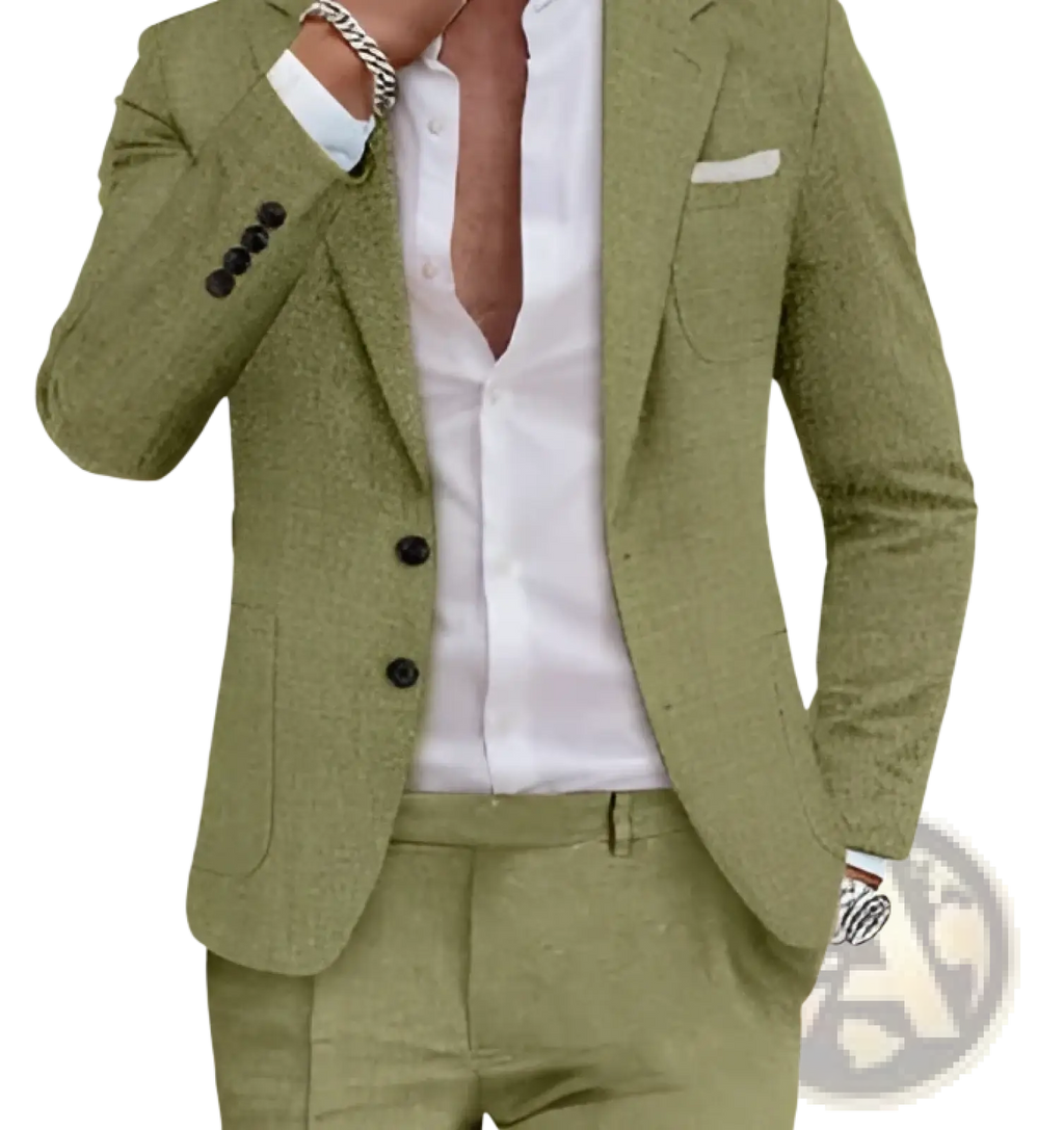 Olive green textured suit jacket with black buttons and white pocket square paired with men beige linen two piece suit