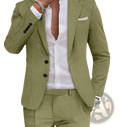 Olive green textured suit jacket with black buttons and white pocket square paired with men beige linen two piece suit