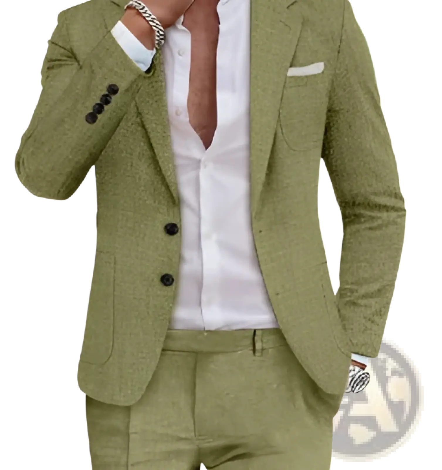 Olive green textured suit jacket with black buttons and white pocket square paired with men beige linen two piece suit