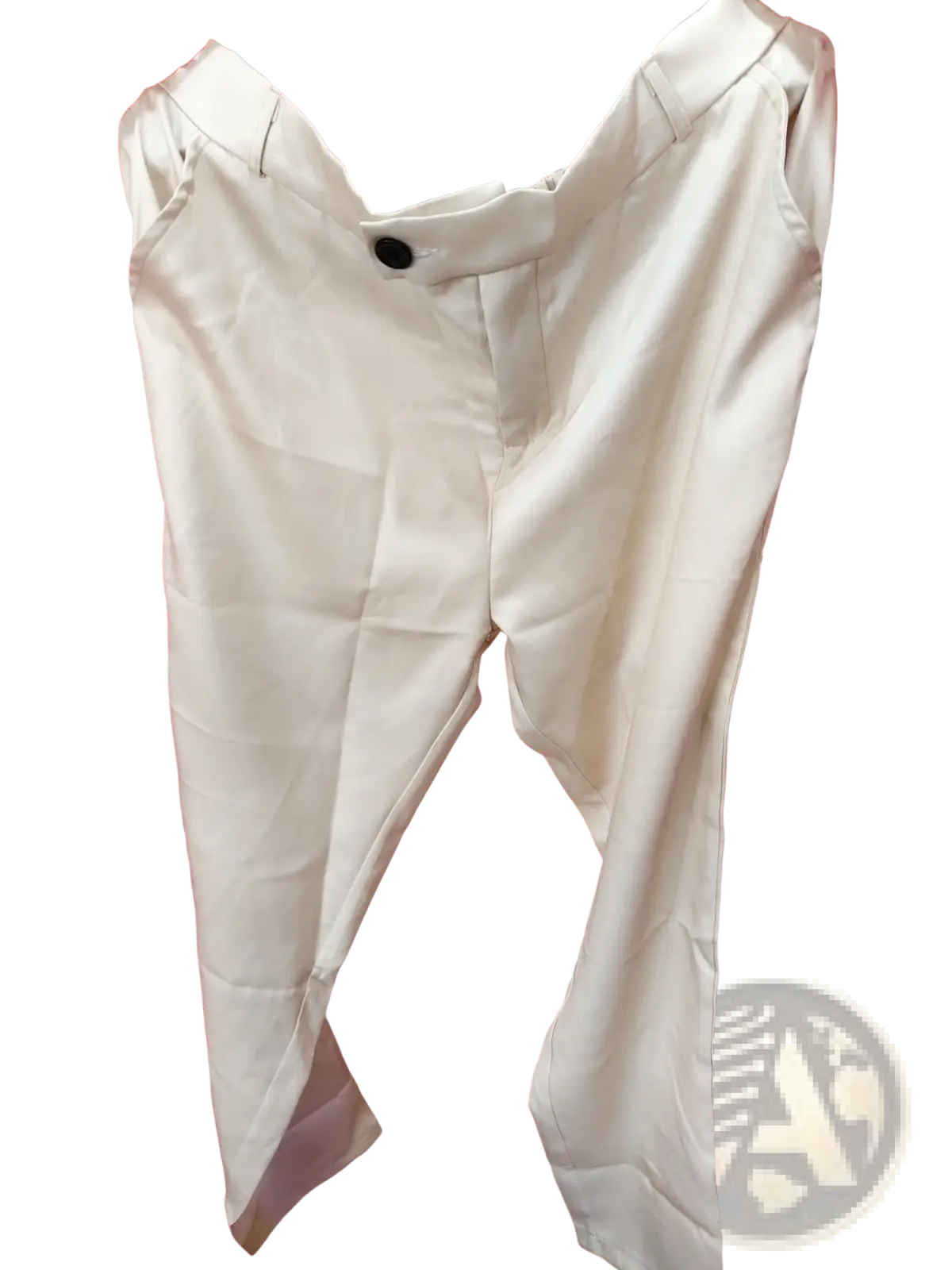 Men beige linen two piece suit featuring cream-colored tailored trousers with a single black button at the waistband