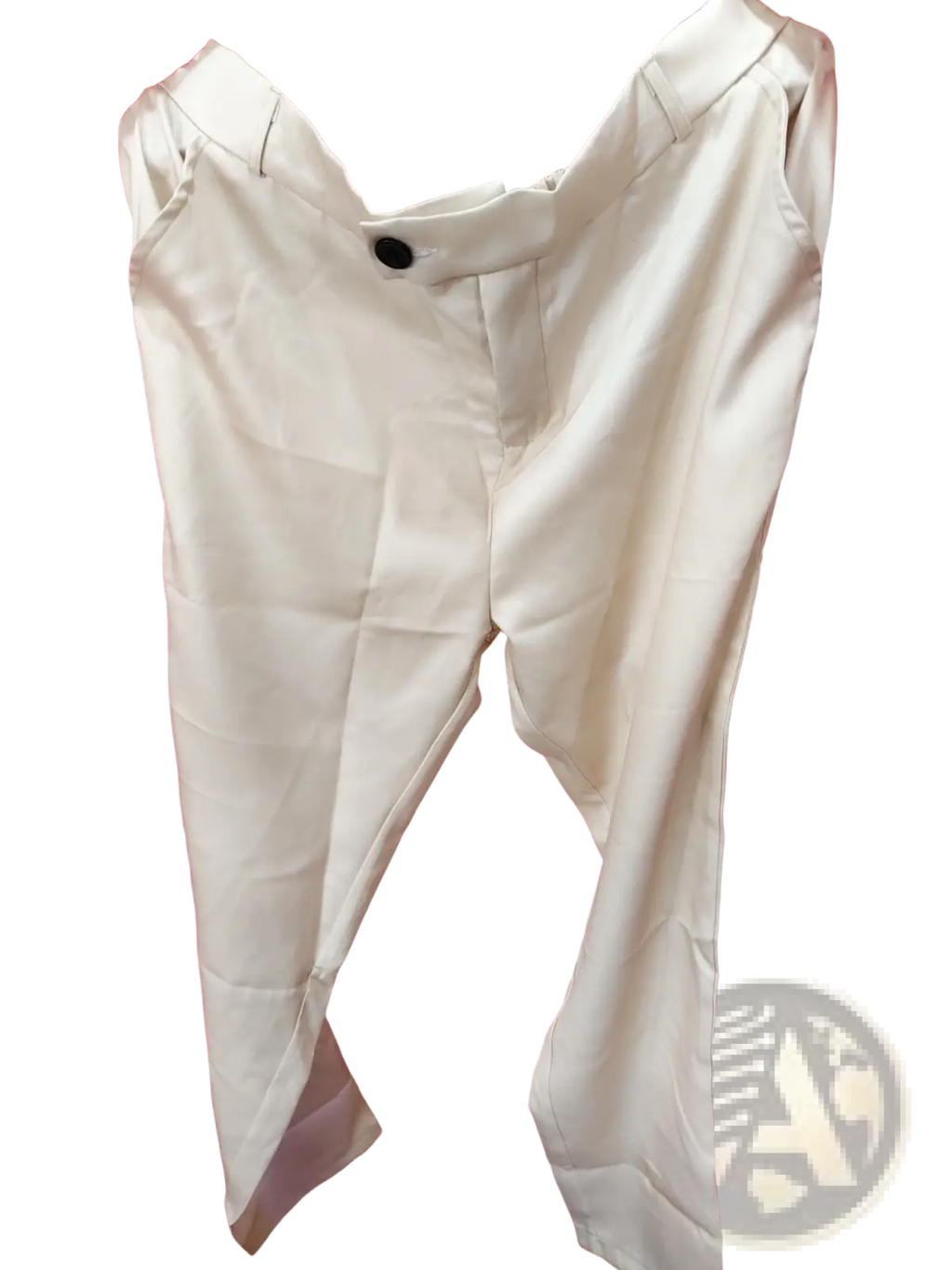 Men beige linen two piece suit featuring cream-colored tailored trousers with a single black button at the waistband