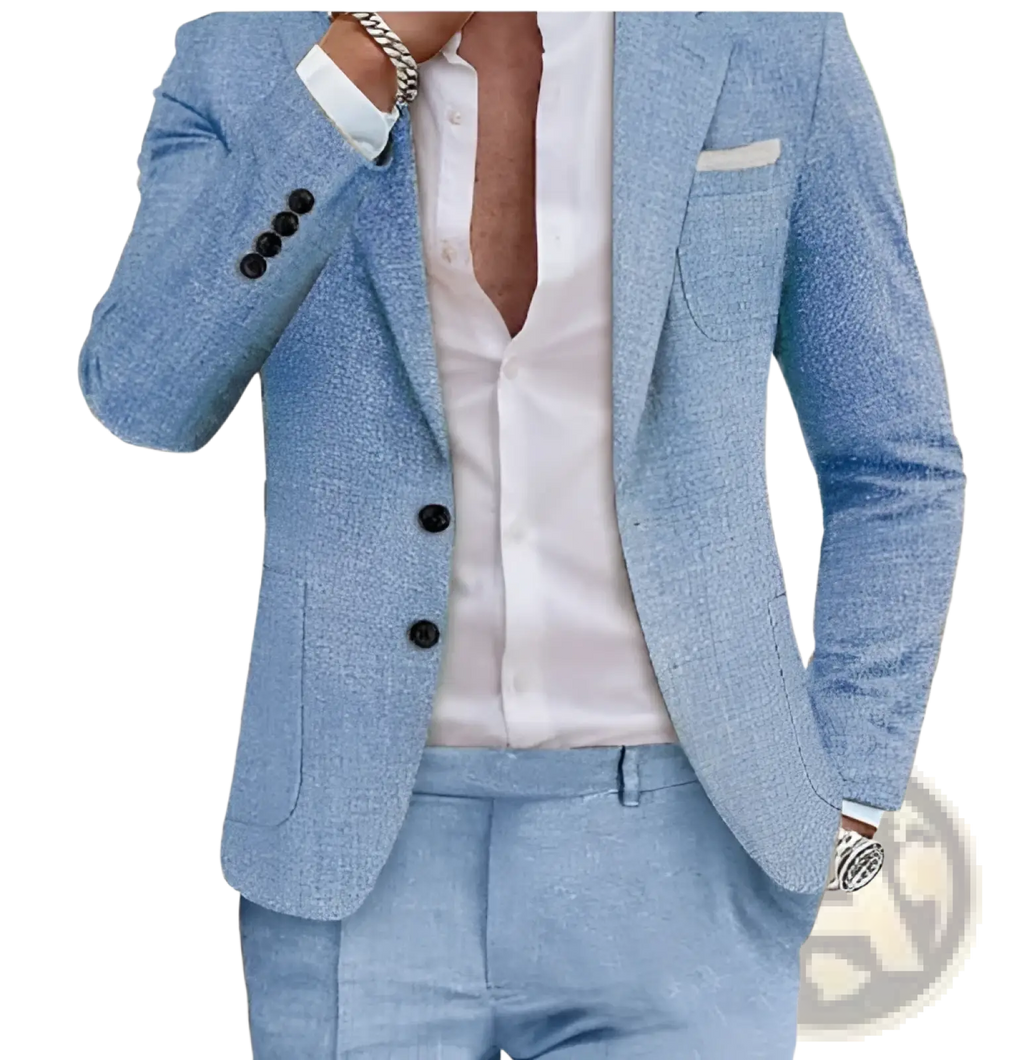 Men beige linen two piece suit featuring a light blue textured blazer with black buttons and matching light blue suit pants