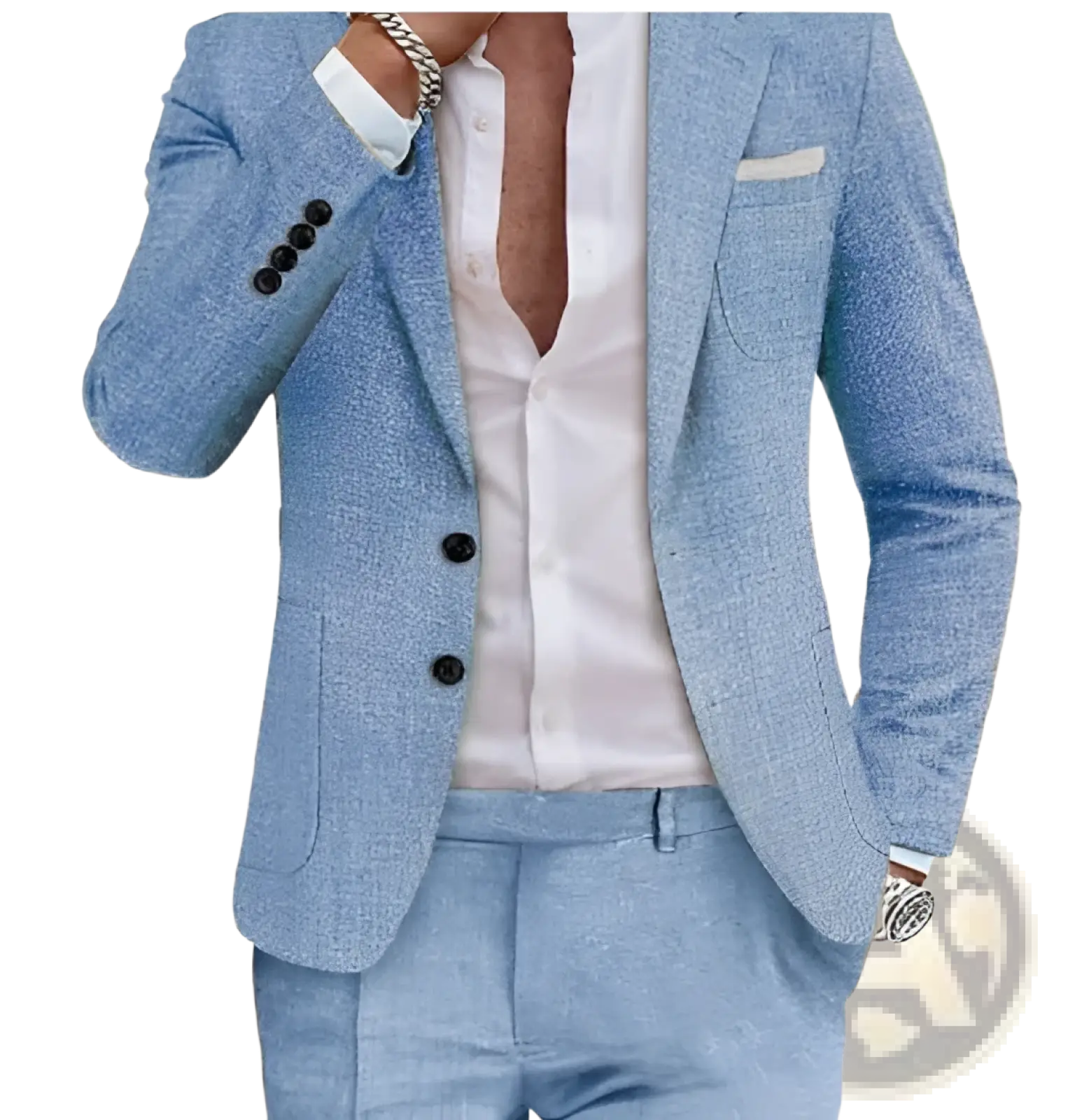Men beige linen two piece suit featuring a light blue textured blazer with black buttons and matching light blue suit pants
