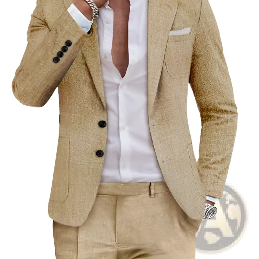 Men beige linen two piece suit featuring a textured wool blazer with black buttons and matching beige pants