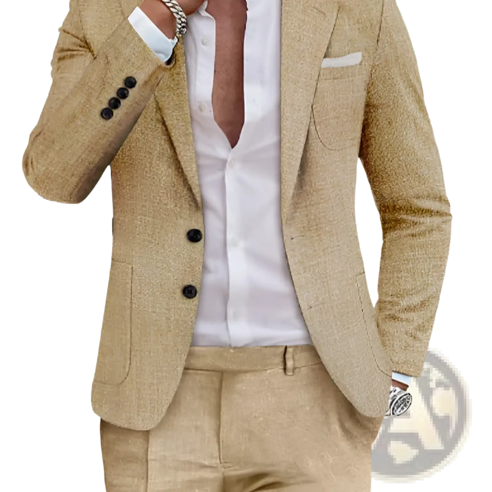 Men beige linen two piece suit featuring a textured wool blazer with black buttons and matching beige pants