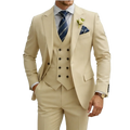 Men beige three piece double breasted suit with matching trousers navy blue striped tie and pocket square
