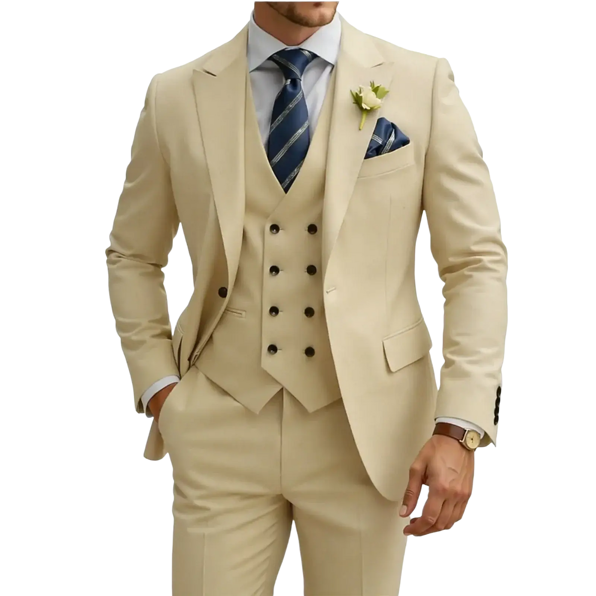Men beige three piece double breasted suit with matching trousers navy blue striped tie and pocket square