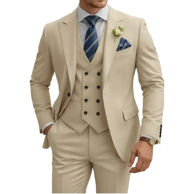 Men beige three piece double breasted suit featuring jacket vest and trousers in a classic tailored design