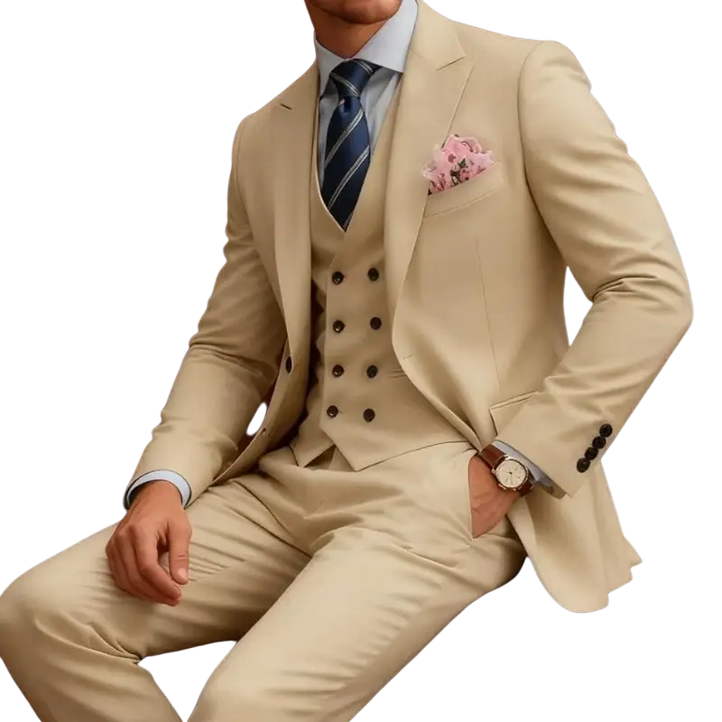 Men beige three piece double breasted suit featuring a textured fabric with black buttons and matching trousers