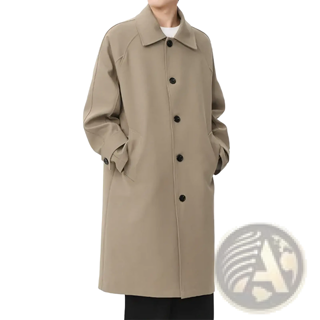 Men beige trench coat with black buttons and classic collar designed for business outerwear in a timeless style