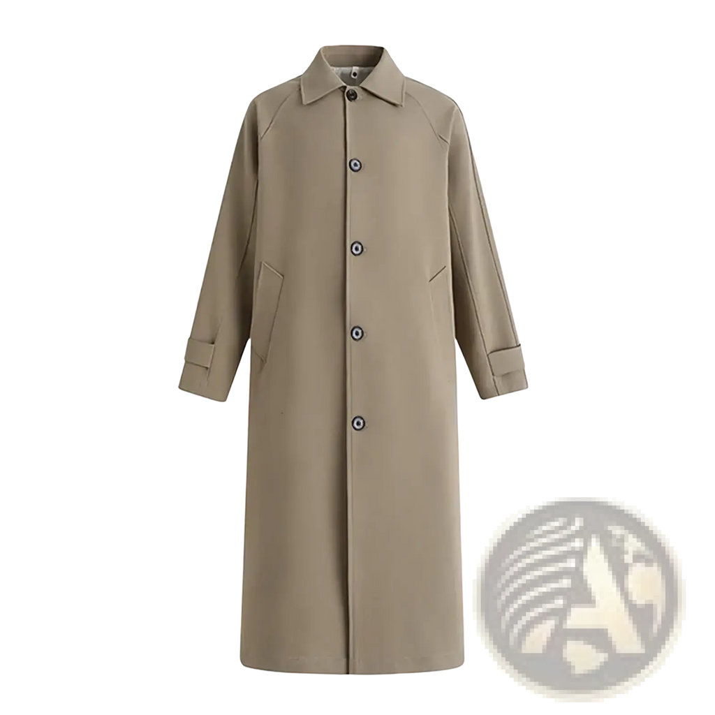 Men beige trench coat with classic collar front button closure and subtle seam detailing for business outerwear