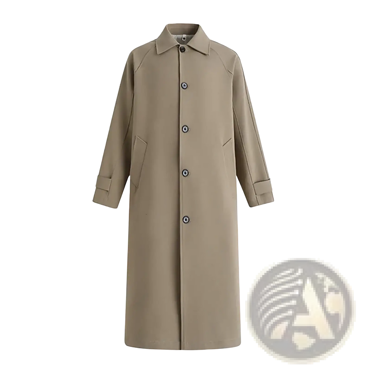 Men beige trench coat with classic collar front button closure and subtle seam detailing for business outerwear