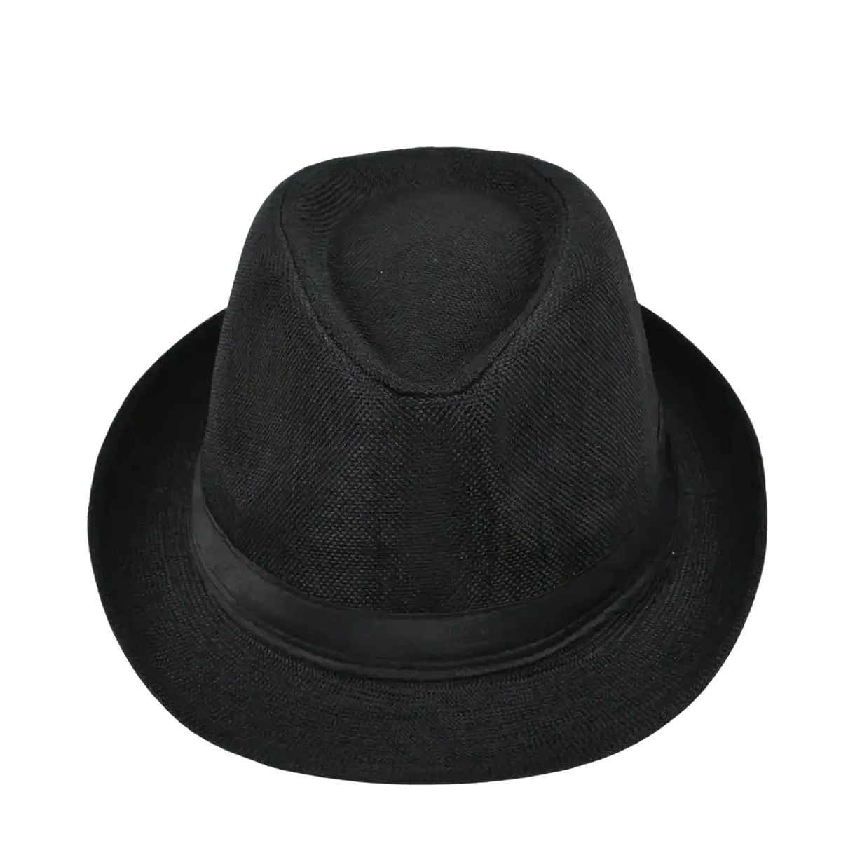 Men beige woven fedora hat featuring a black textured fabric and smooth satin band in black ribbon design