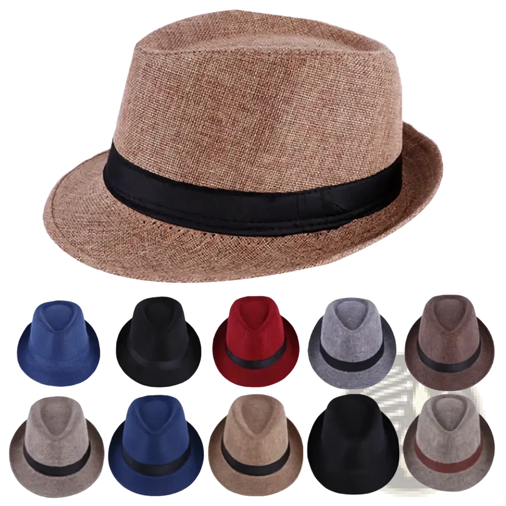 Men beige woven fedora hat featuring a black ribbon band made from breathable material for stylish comfort