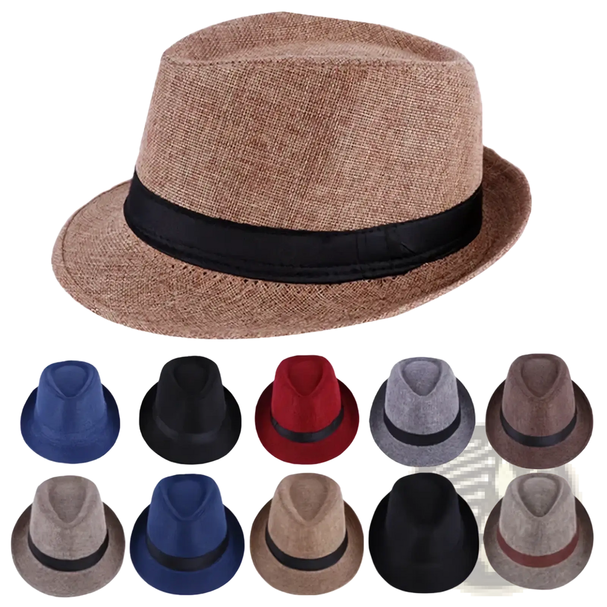 Men beige woven fedora hat featuring a black ribbon band made from breathable material for stylish comfort
