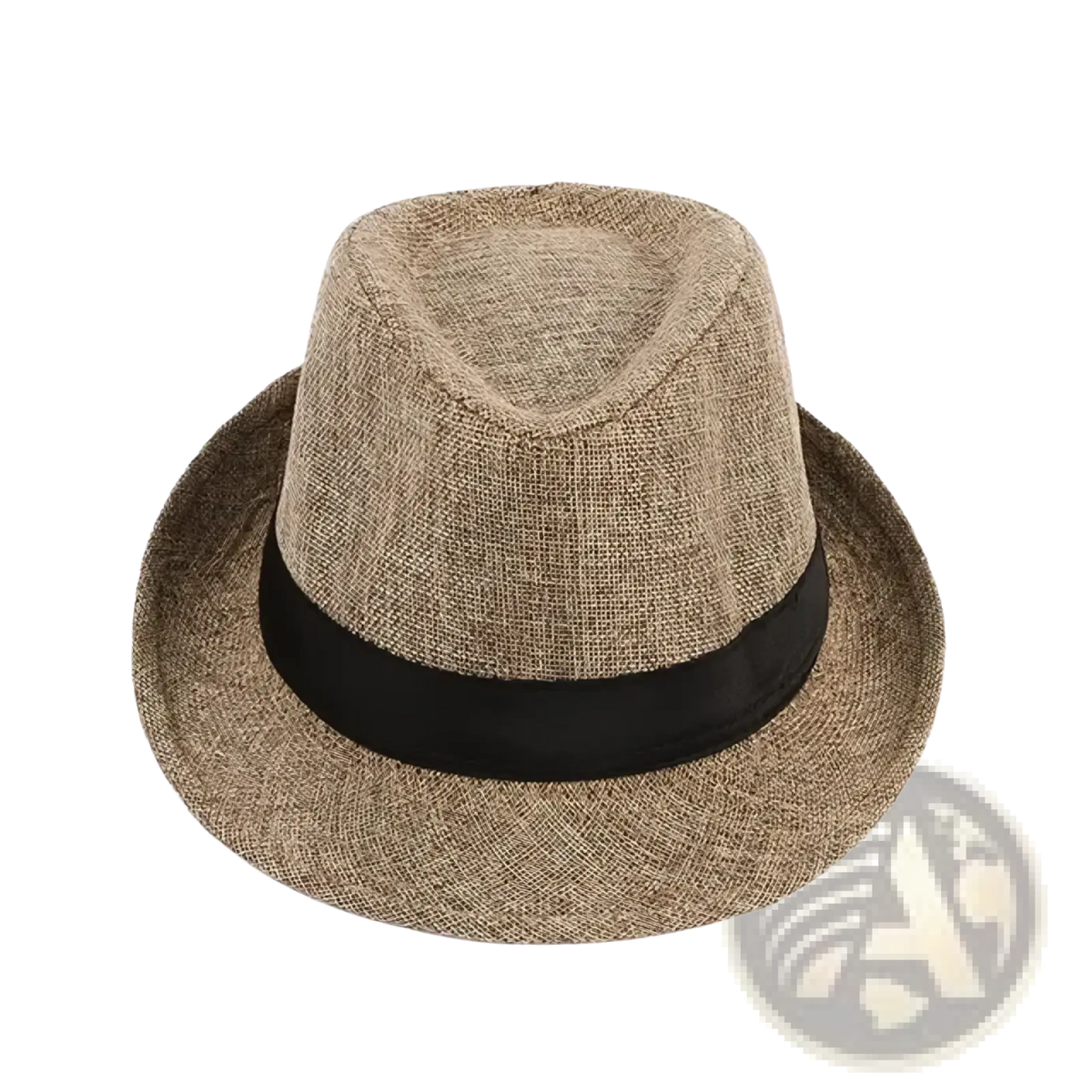 Men beige woven fedora hat featuring a black ribbon band made of lightweight woven material