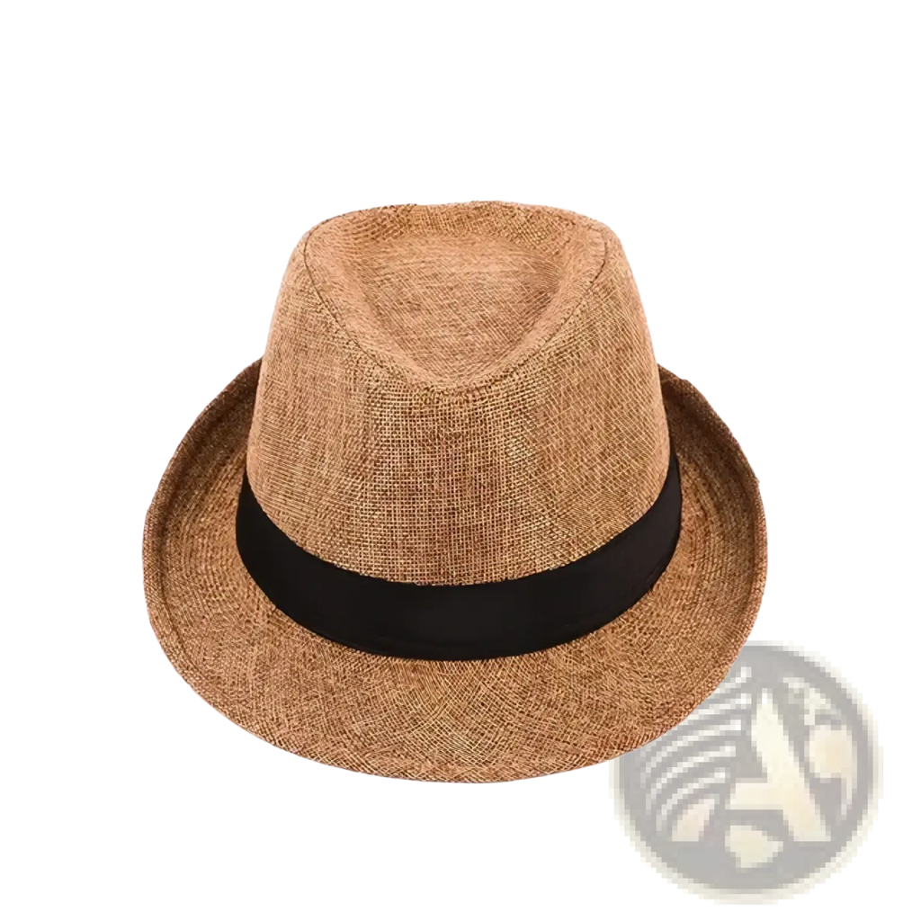 Men beige woven fedora hat with black ribbon band made of breathable material for stylish sun protection